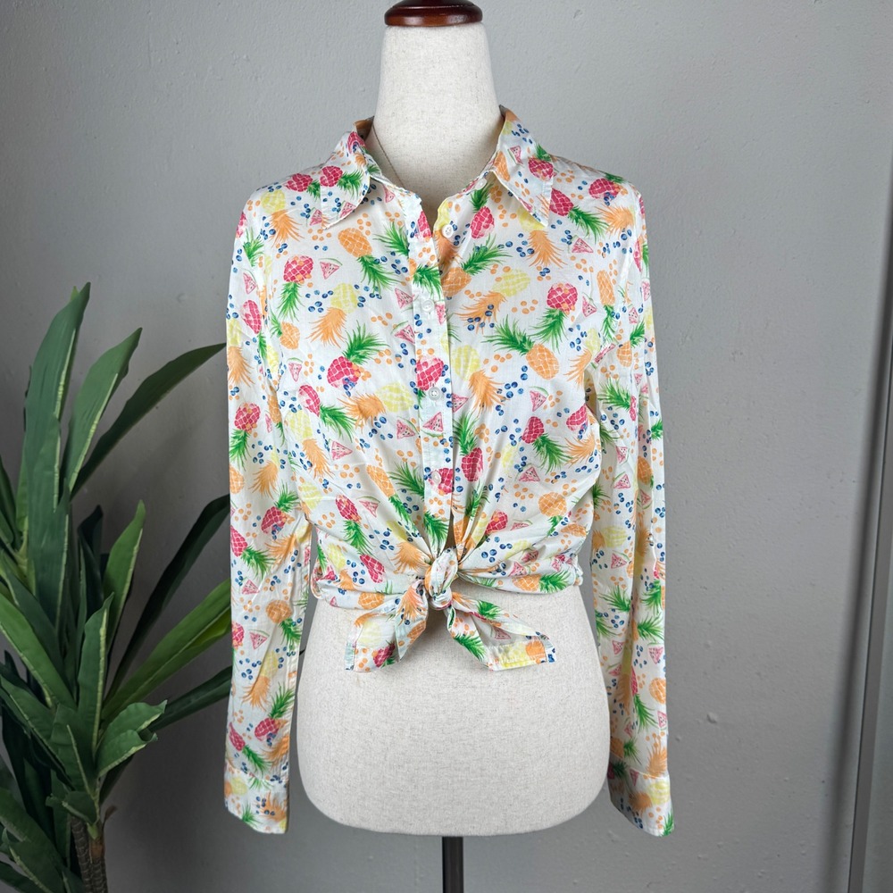Tropical Whimsical Fruit Print Preppy Talbots Button Down Shirt Womens Petite